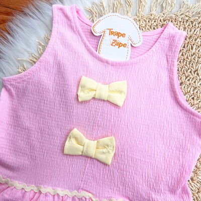  Conj. Blusa Anarruga Dois Laços e Short - Rosa e Amarelo